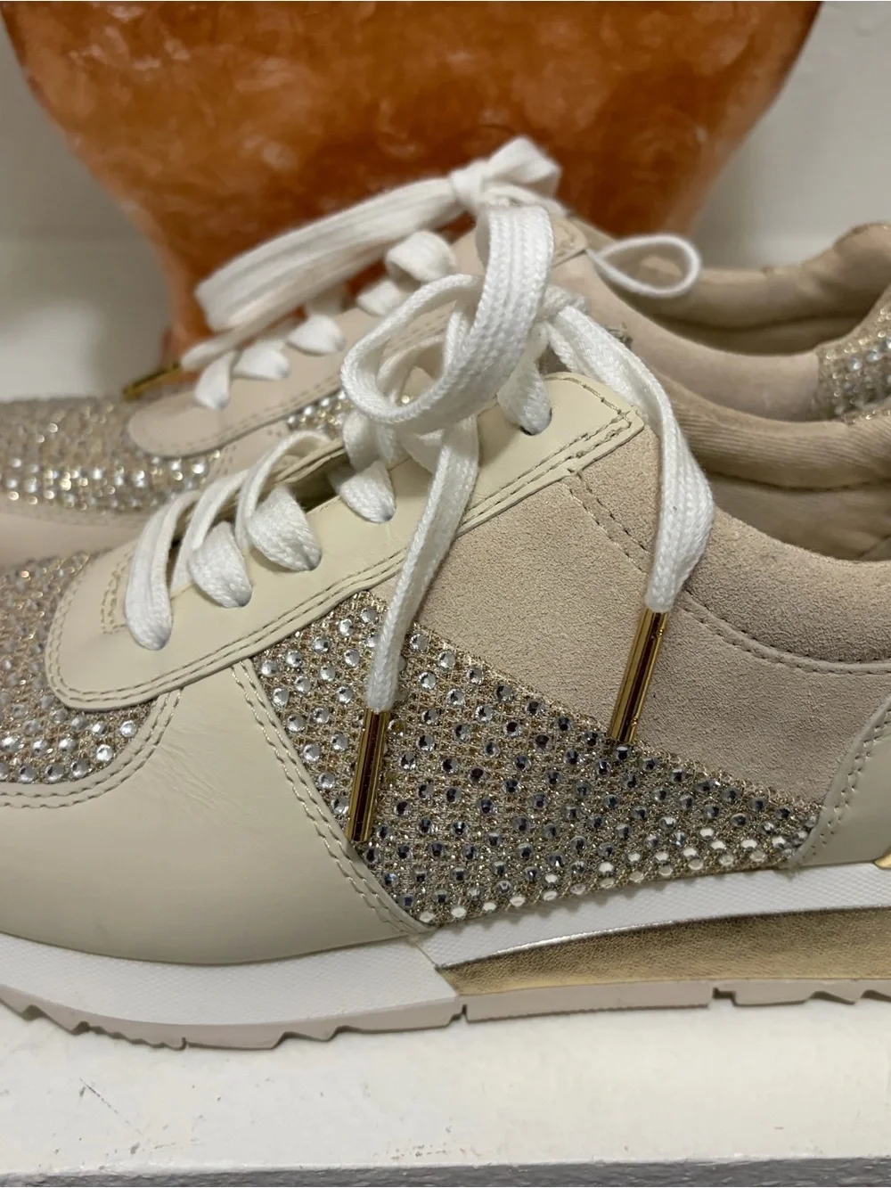 Michael Kors Beige and Gold Crystal-Embellished Sneakers